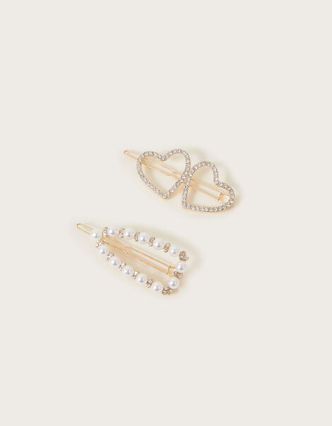Diamante Heart and Pearl Slides Set of Two, , large