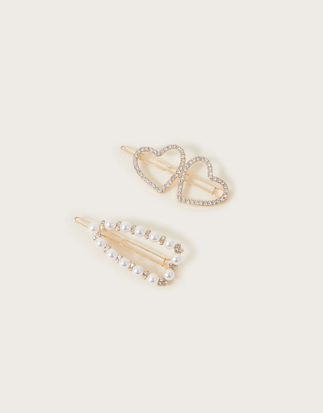 Diamante Heart and Pearl Slides Set of Two, , large