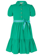 Puff Sleeve Belted Shirt Dress, Green (GREEN), large