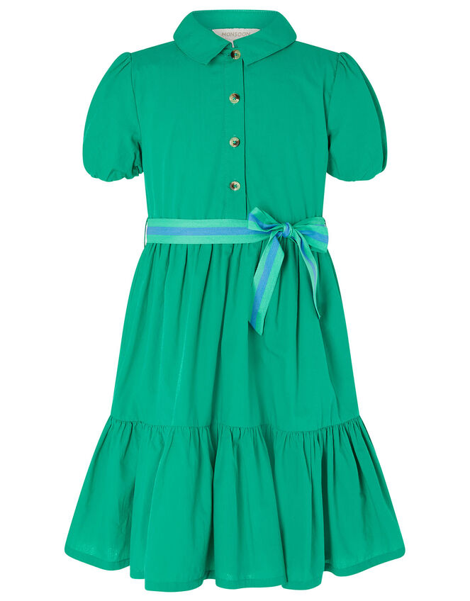 Puff Sleeve Belted Shirt Dress, Green (GREEN), large