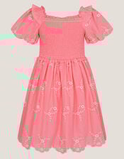 Embroidered Puff Sleeve Smocked Dress, Pink (PINK), large