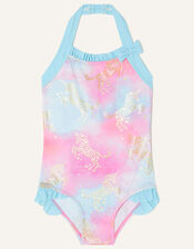 Unicorn Foil Ruffle Trim Halter Swimsuit, Pink (PINK), large