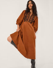 Leah Embroidered Corduroy Midi Dress, Copper (COPPER), large