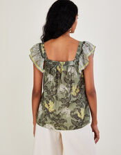 Heritage Print Square Neck Embroidered Sleeveless Top, Green (KHAKI), large