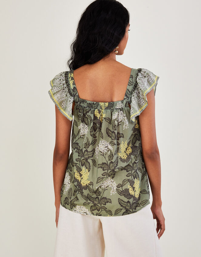 Heritage Print Square Neck Embroidered Sleeveless Top, Green (KHAKI), large