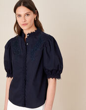 Victoriana Lace Trim Blouse, Blue (NAVY), large