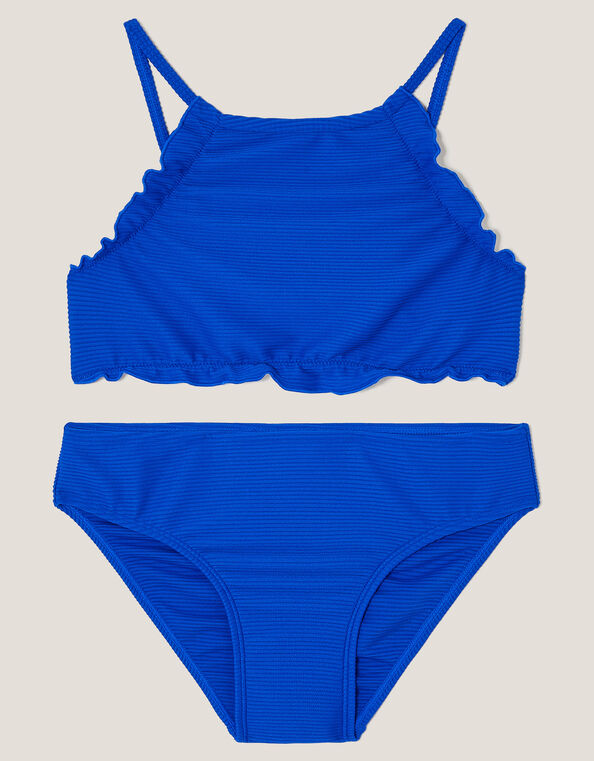 Ribbed Scallop Trim Bikini Set, Blue (BLUE), large