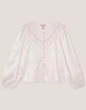 Embroidered Collar Satin Blouse, Ivory (IVORY), large