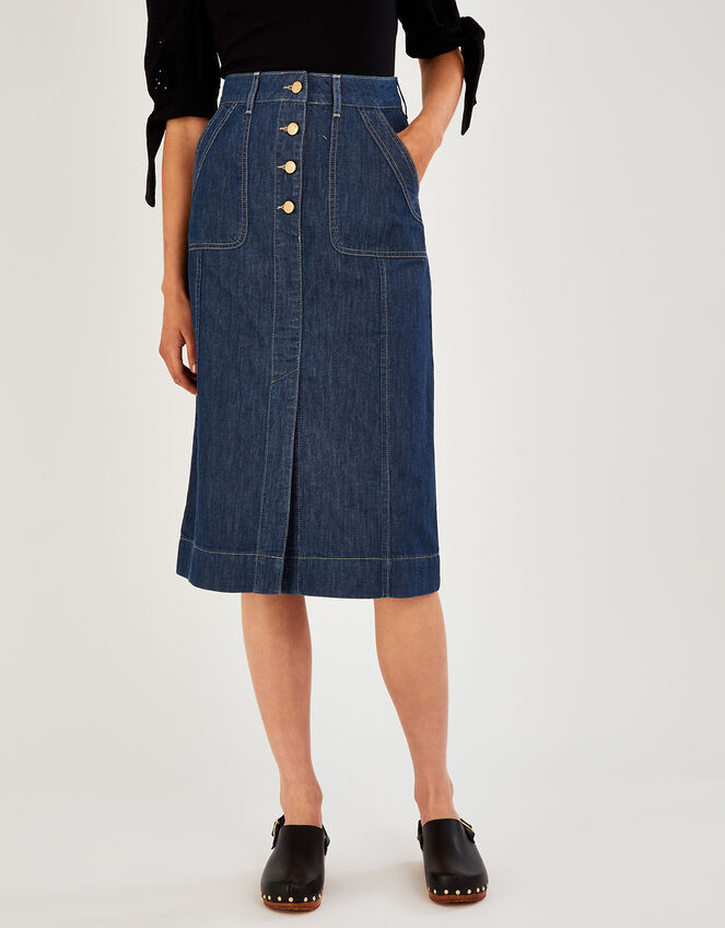 Denim Button Plain Skirt in Organic Cotton, Blue (DENIM BLUE), large