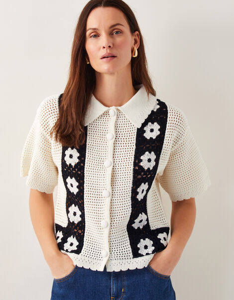 Kin Short-Sleeve Crochet Shirt, Ivory (IVORY), large