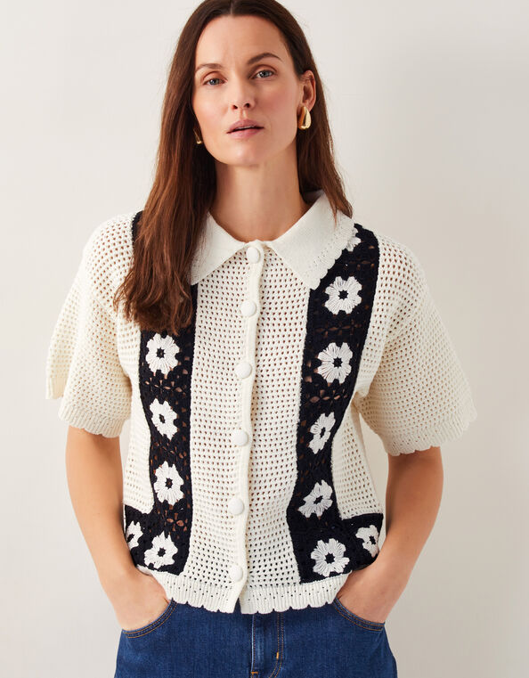 Kin Short-Sleeve Crochet Shirt, Ivory (IVORY), large