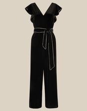 Dionne V-Neck Velvet Jumpsuit, Black (BLACK), large