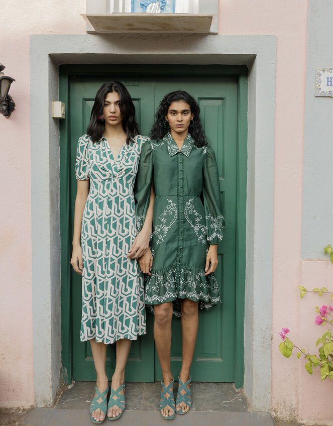 Riley Embroidered Short Shirt Dress in Recycled Polyester, Green (GREEN), large