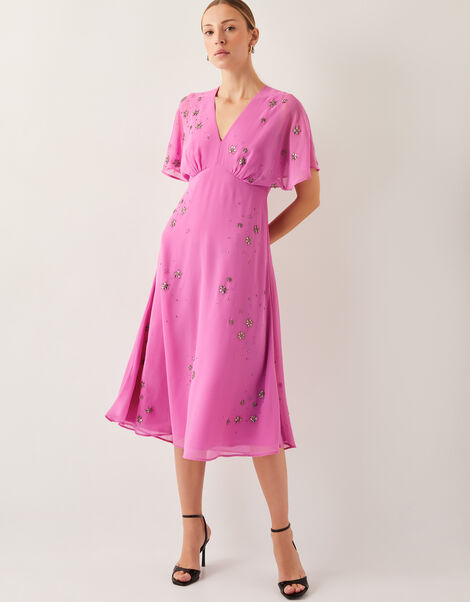 Candice Embellished Flutter Sleeve Midi Dress, Pink (PINK), large