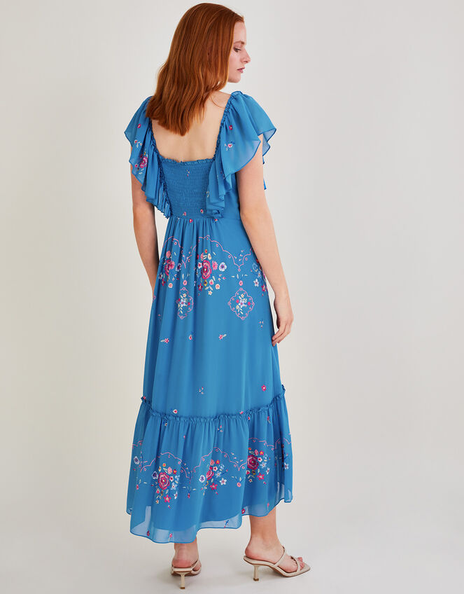 Sylvia Embroidered Midi Dress in Recycled Polyester, Blue (BLUE), large