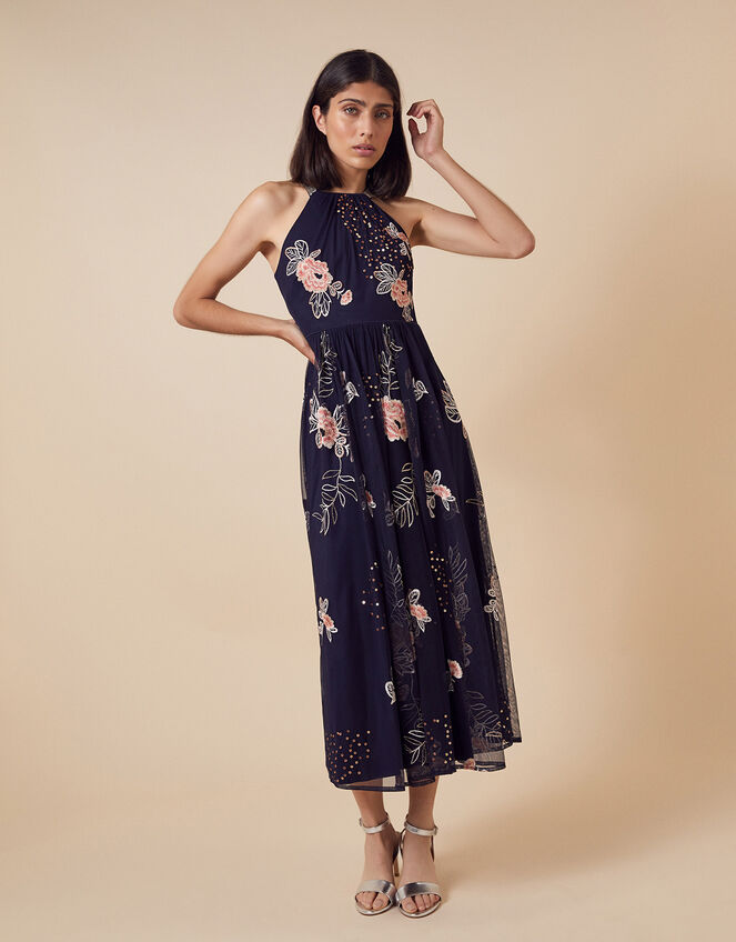 Ellen Floral Embroidery Midi Dress in Recycled Fabric, Blue (NAVY), large