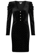 Khloe Heat-Seal Gem Stretch Velvet Dress, Black (BLACK), large