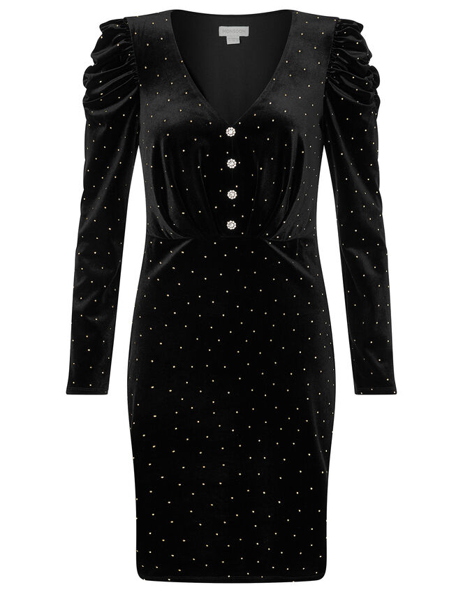 Khloe Heat-Seal Gem Stretch Velvet Dress, Black (BLACK), large