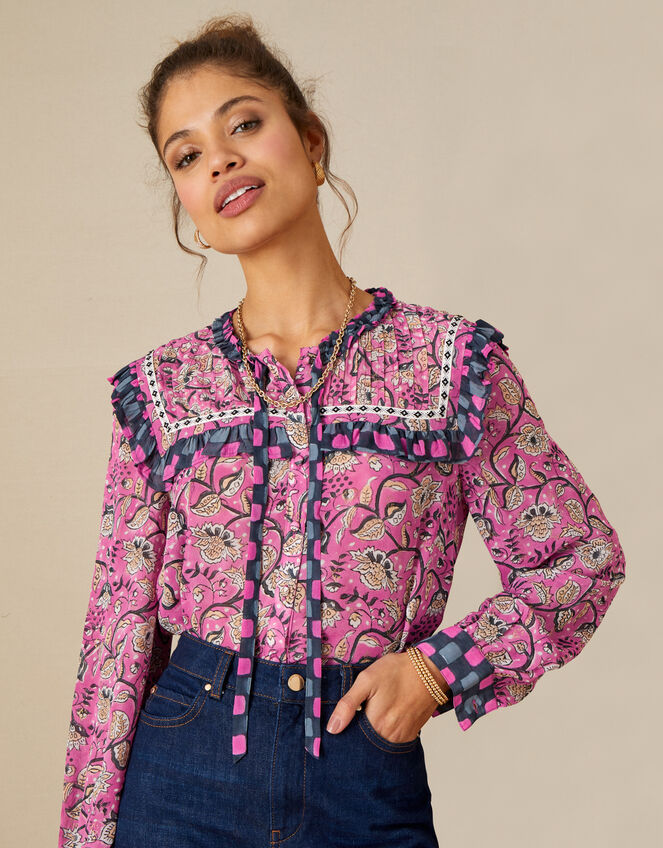Woodblock and Floral Print Blouse, Pink (PINK), large