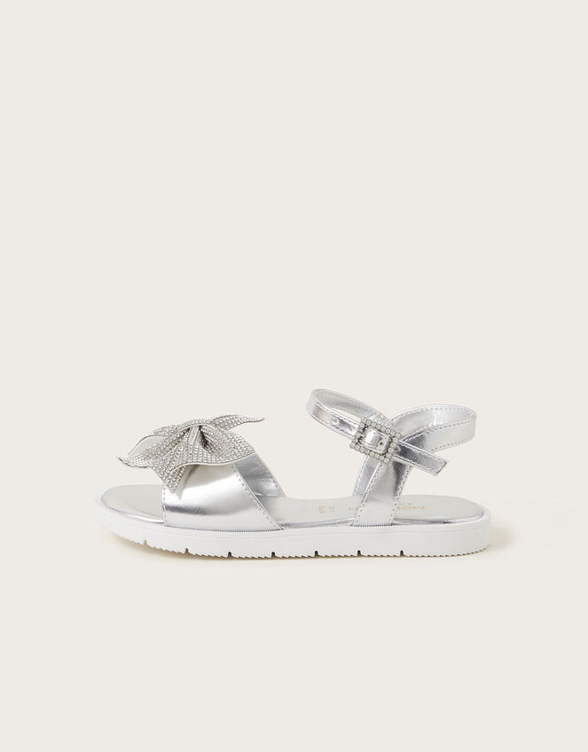 Diamante Bow Metallic Sandals, Silver (SILVER), large