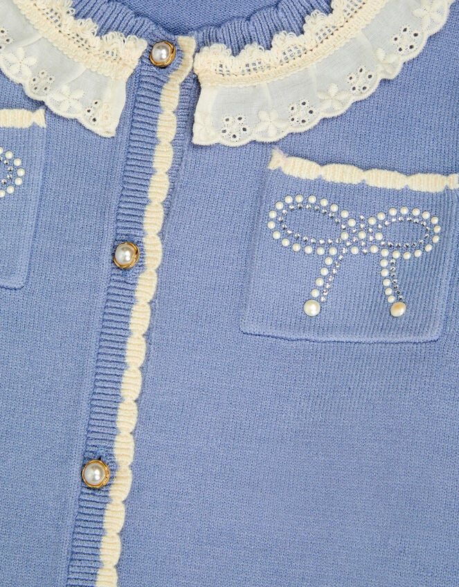 Pearl Bow Lace Trim Cardigan, Blue (BLUE), large