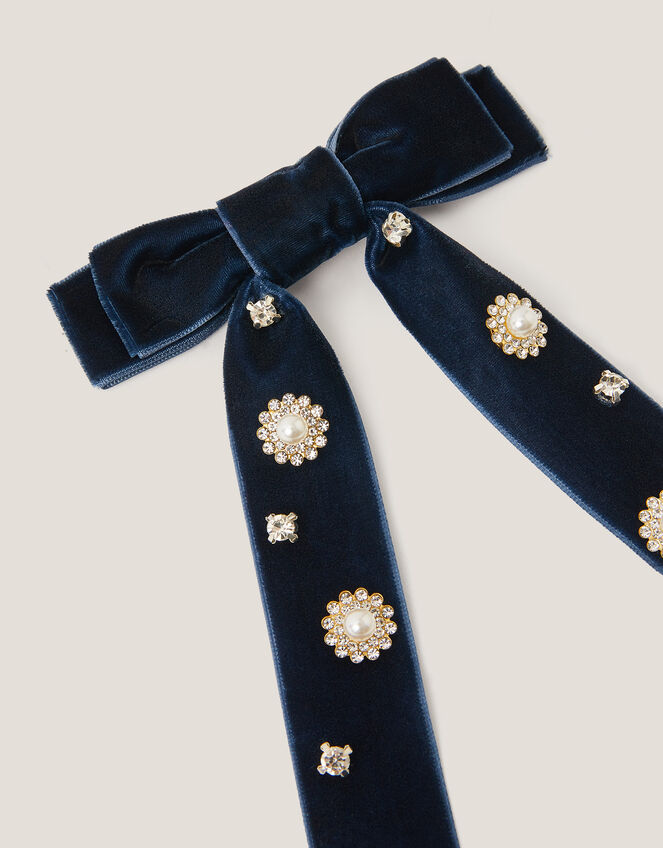 Jewel Velvet Ribbon Bow Hair Clip, , large