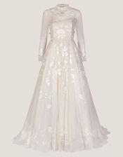 Lorelai Long Sleeve Floral Embellished Mesh Wedding Dress, Ivory (IVORY), large