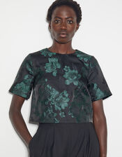 Julie Jacquard Short Sleeve Crop Top, Green (GREEN), large