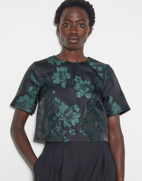 Julie Jacquard Short Sleeve Crop Top, Green (GREEN), large