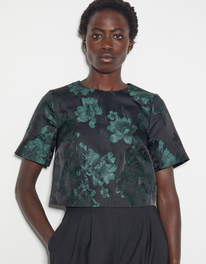 Julie Jacquard Short Sleeve Crop Top, Green (GREEN), large