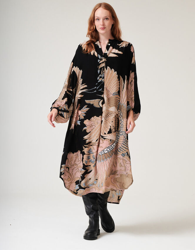 One Hundred Stars Darcy Crane Print Tunic Dress, Black (BLACK), large