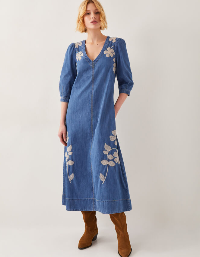 Fallon Floral Embroidered Denim Midi Dress, Blue (DENIM BLUE), large