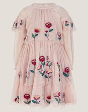 Floral Embroidered Scallop Tiered Dress, Cream (CREAM), large