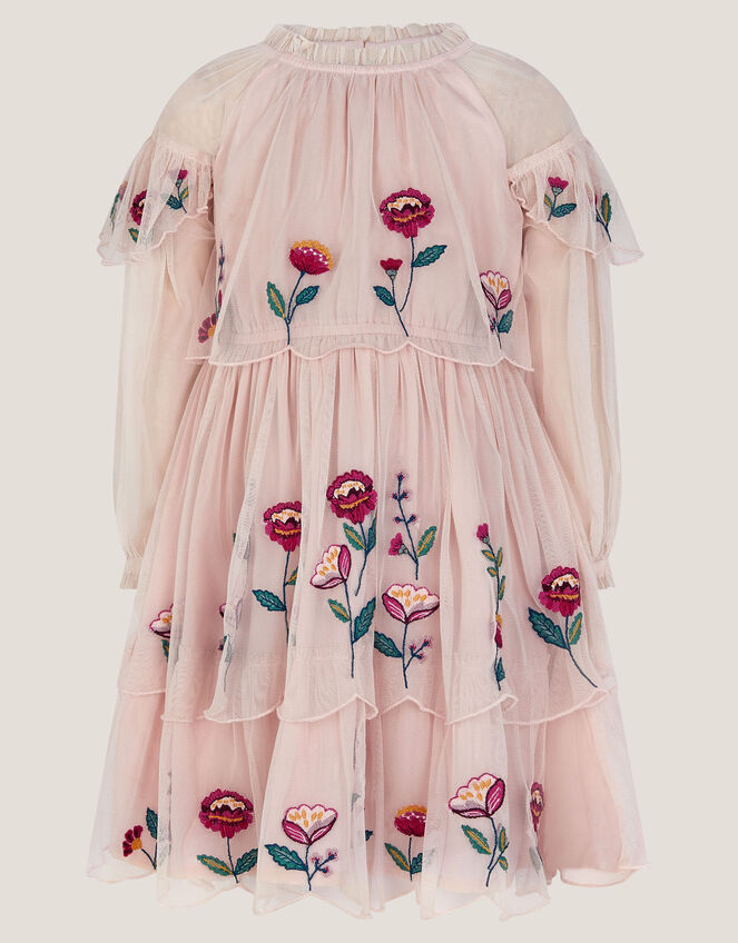 Floral Embroidered Scallop Tiered Dress, Cream (CREAM), large