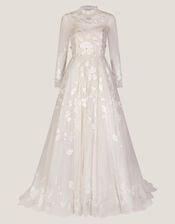 Lorelai Long Sleeve Floral Embellished Mesh Wedding Dress, Ivory (IVORY), large