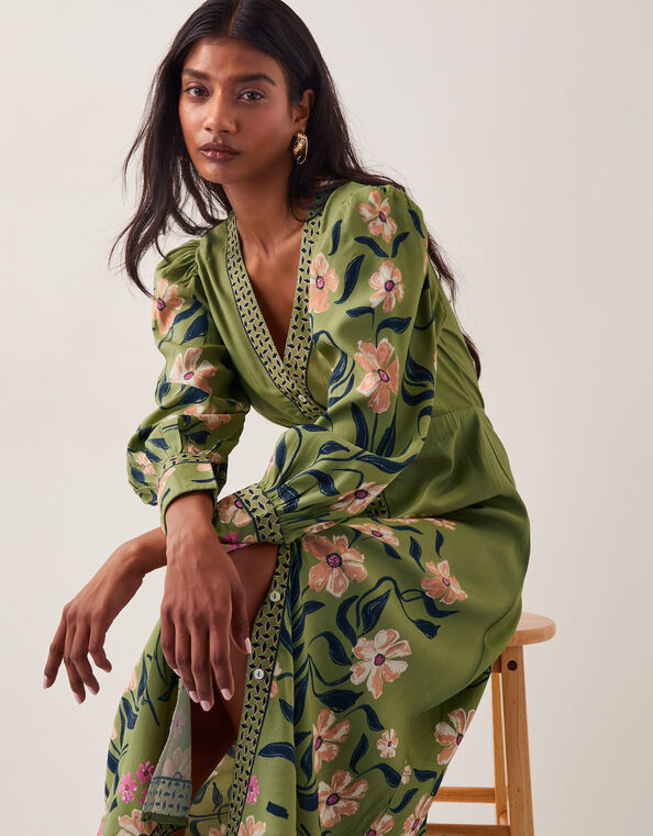 Belle Floral Blouson Midi Dress, Green (GREEN), large