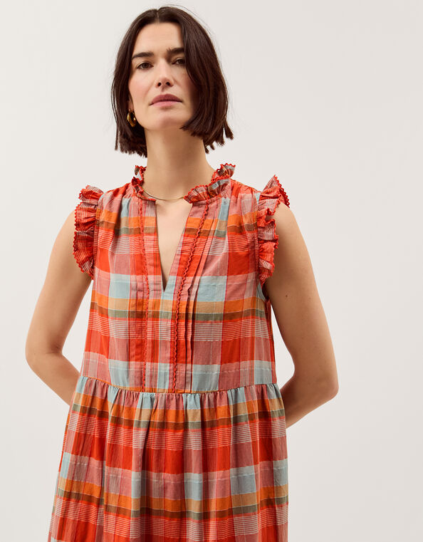 Cecily Checkered Tiered Midi Dress, Orange (ORANGE), large