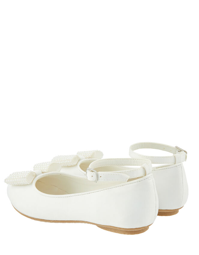 Genevieve Satin Ballet Flats with Pearl Bow, White (WHITE), large