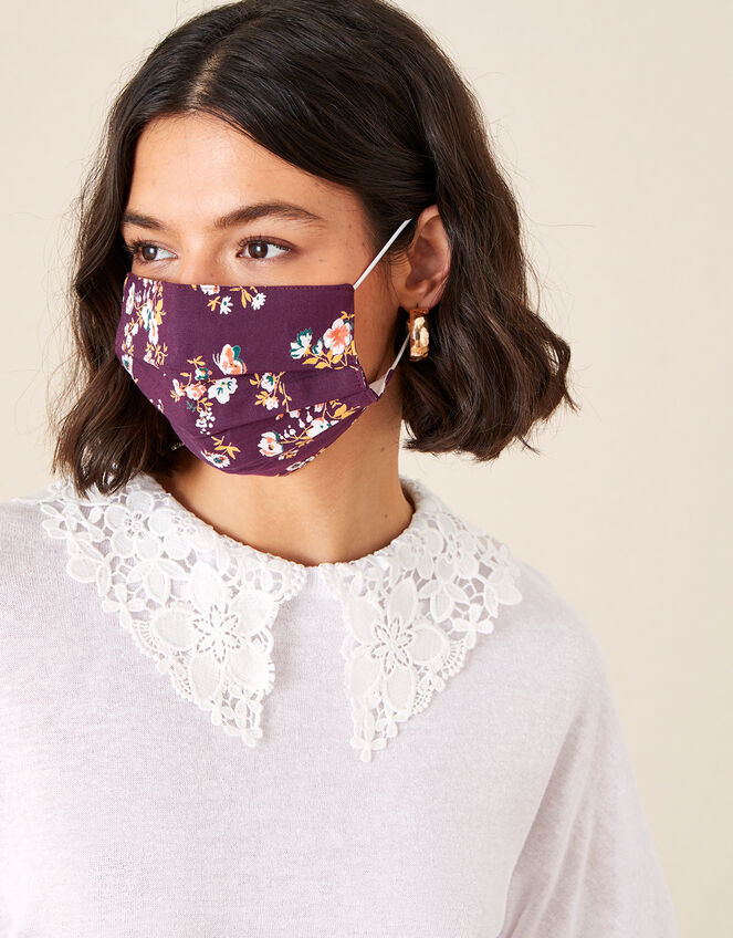 Floral Pleated Face Mask in Pure Cotton, , large