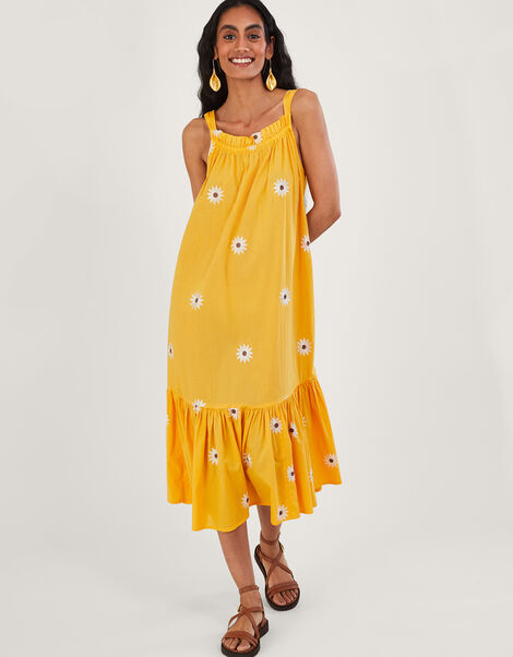 Sunflower Embroidered Halter Midi Dress Yellow, Yellow (YELLOW), large