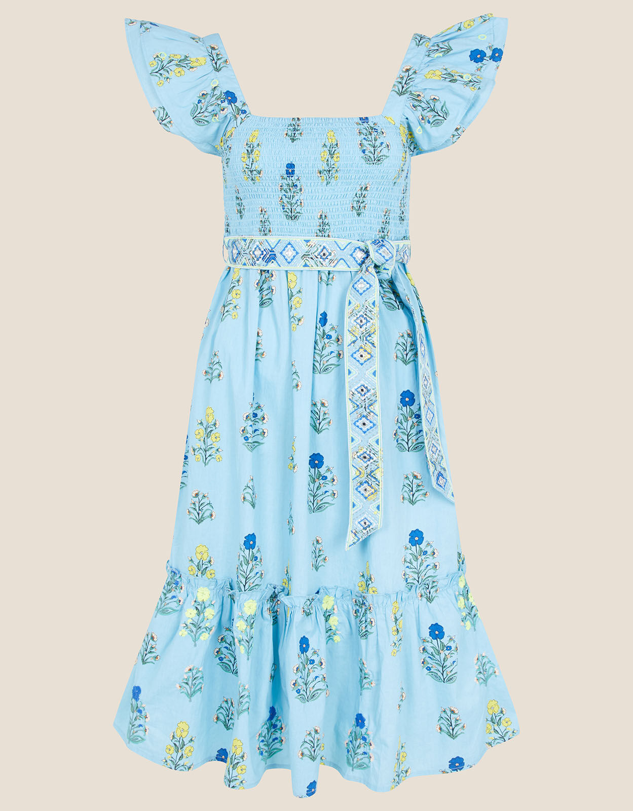 Floral Frill Sleeve Midi Dress Blue 