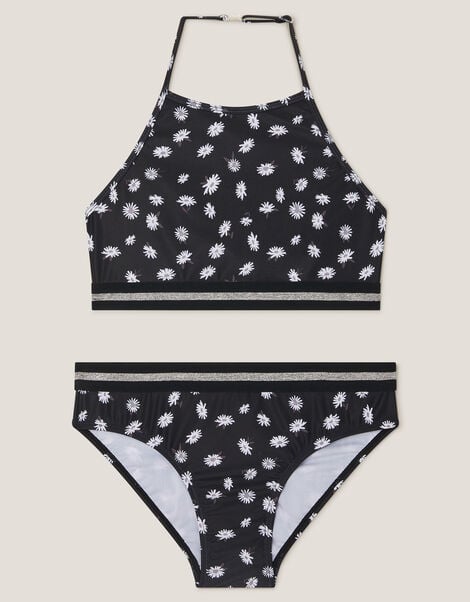 Daisy Print Halter Bikini Set, Black (BLACK), large