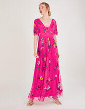 Faye Embellished Maxi Dress in Recycled Polyester, Pink (PINK), large
