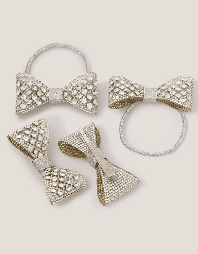 4-Pack Rhinestone Bow Hair Bands & Clips, Silver (SILVER), large