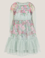 Nadia Long Sleeve Floral Tulle Party Dress, Green (SAGE), large