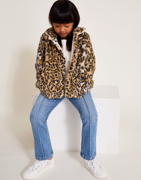 Leopard Print Faux Fur Coat, Brown (BROWN), large