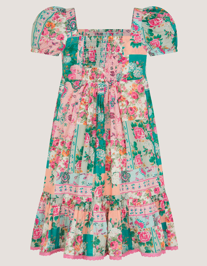 Floral Patchwork Shirred Dress, Green (GREEN), large