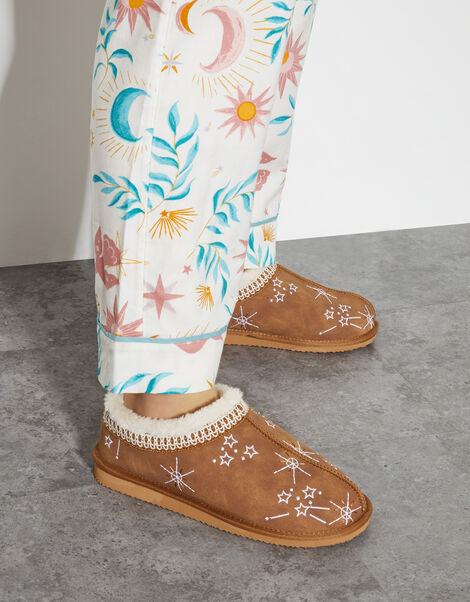 Ebony Embroidered Suedette Mule Slippers, Tan (TAN), large