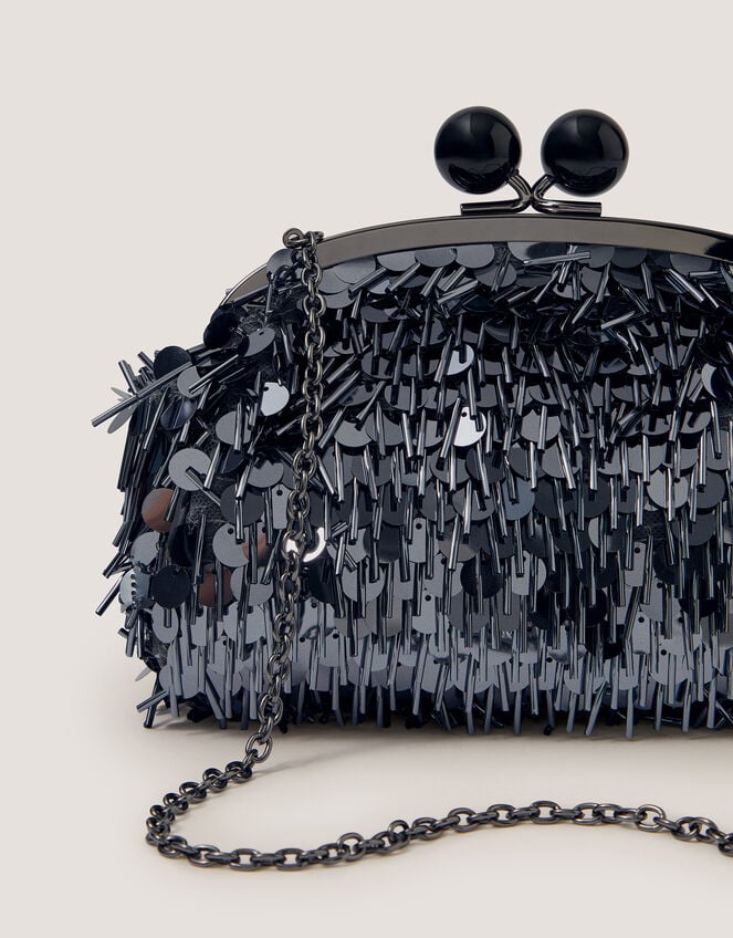 Jade Sequin Fringe Clutch Bag, , large