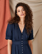 Midi Tea Dress in Linen Blend, Blue (NAVY), large